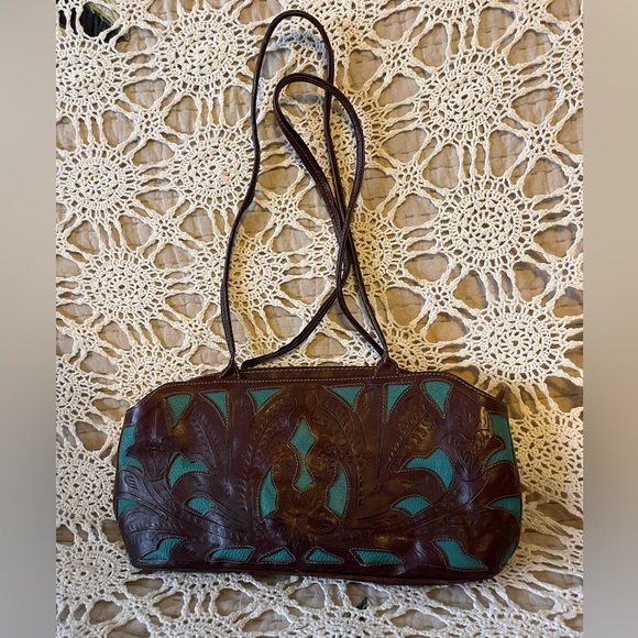 Leaders in Leather VTG Made in Paraguay Dark Brown/Aqua hand tooled Leather bag - Picture 1 of 13